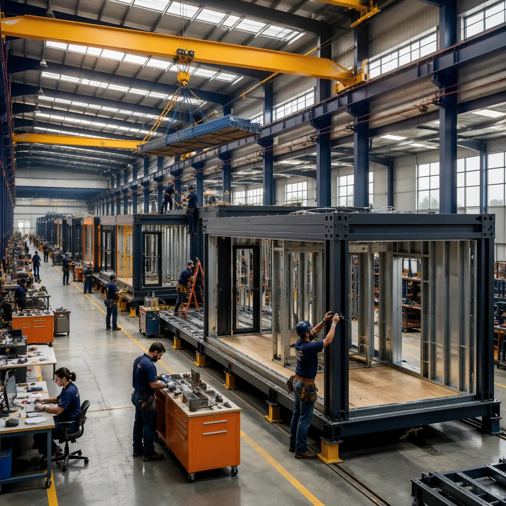Factory floor of modular prefabricated construction facility with skilled workers assembling steel frame building modules, diverse workforce including younger technicians and experienced tradespeople, assembly line with modules at various production stages, overhead cranes moving materials, factory environment with clean organized work stations, natural light from factory windows, dark navy structural steel with warm steel orange tool stations, modern manufacturing aesthetic showing construction as precision industrial process