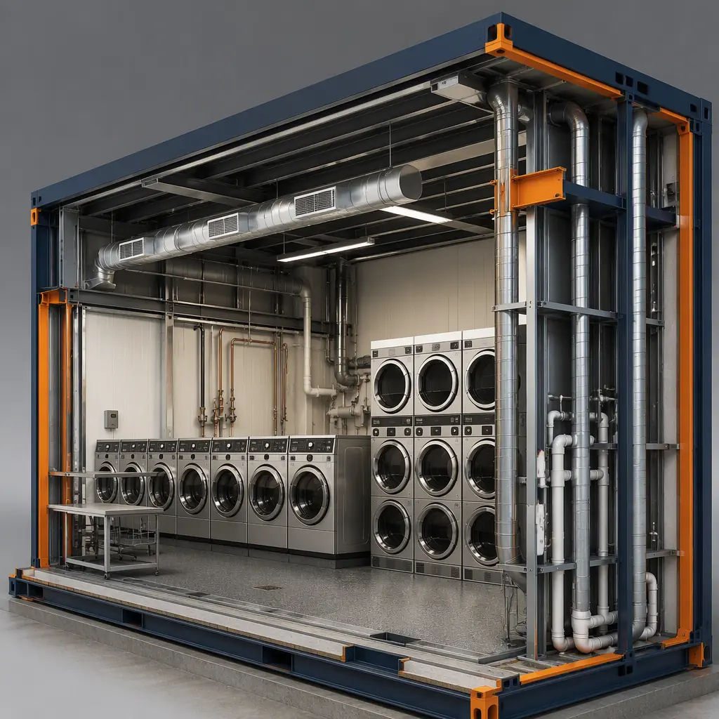 Photorealistic 3D cross-section render of modular laundromat interior, rows of front-load washers and stacked dryers along plumbing wall, floor drains, ducted dryer exhaust risers, make-up air ducting in ceiling, steel frame structure visible, clean engineering visualization, no text, no labels