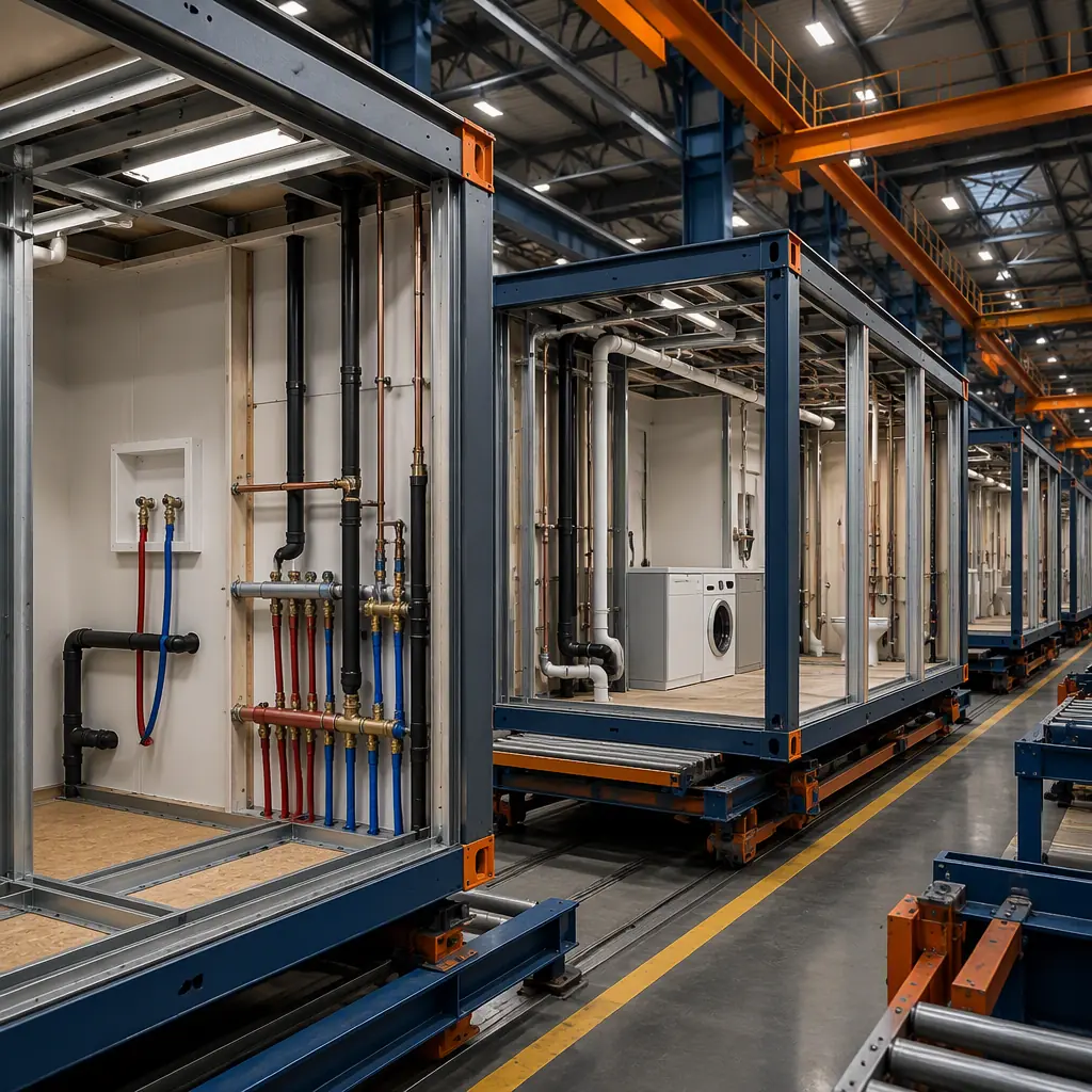 Factory floor of modular prefabricated construction facility, commercial module with pre-installed washer connections and plumbing manifolds, steel frame module being fabricated with water supply and drainage piping installed, assembly line with commercial modules, dark navy and warm steel orange accents, no people faces, no text