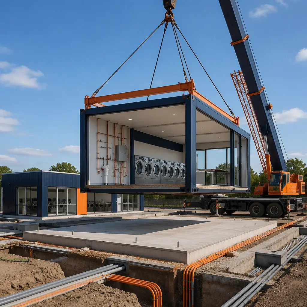 Crane lifting prefabricated steel-frame commercial module with pre-installed plumbing wall panels onto concrete pad at laundromat construction site, module seams visible, clean level site with utility trenches prepared, dark navy steel with warm orange accents, no people faces, no text