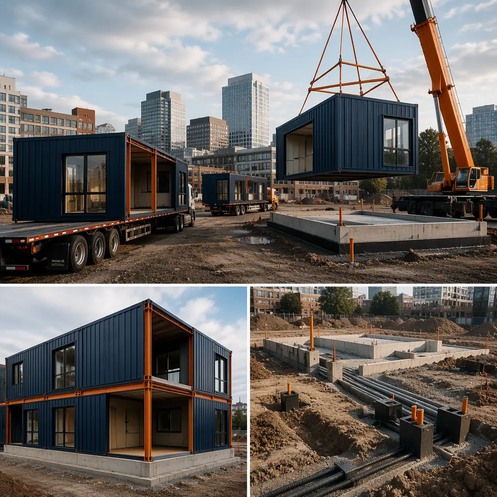 Prefabricated commercial modules arriving on flatbed trucks at city lot, crane positioning steel-frame module onto prepared foundation, module seams visible, utility trenches and site work under preparation, dark navy steel with warm orange accents, no people faces, no text, no logos