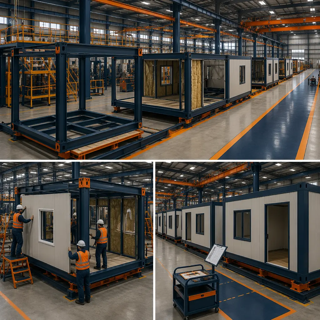 Modern modular commercial building exterior, clean geometric lines with grid pattern facade reflecting factory-assembled modules, steel frame structure visible, contemporary office building with dark navy and warm steel orange brand accents, prefabricated construction with module seams visible