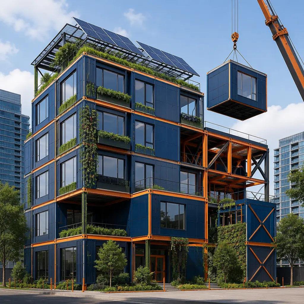 Modern modular prefabricated building exterior with visible sustainable design features, factory-assembled modules with solar panel integration on roof, green building facade with clean geometric lines, module seams visible, steel frame structure, grid pattern reflecting modular units, dark navy accents, warm steel orange structural details, modular prefabricated construction