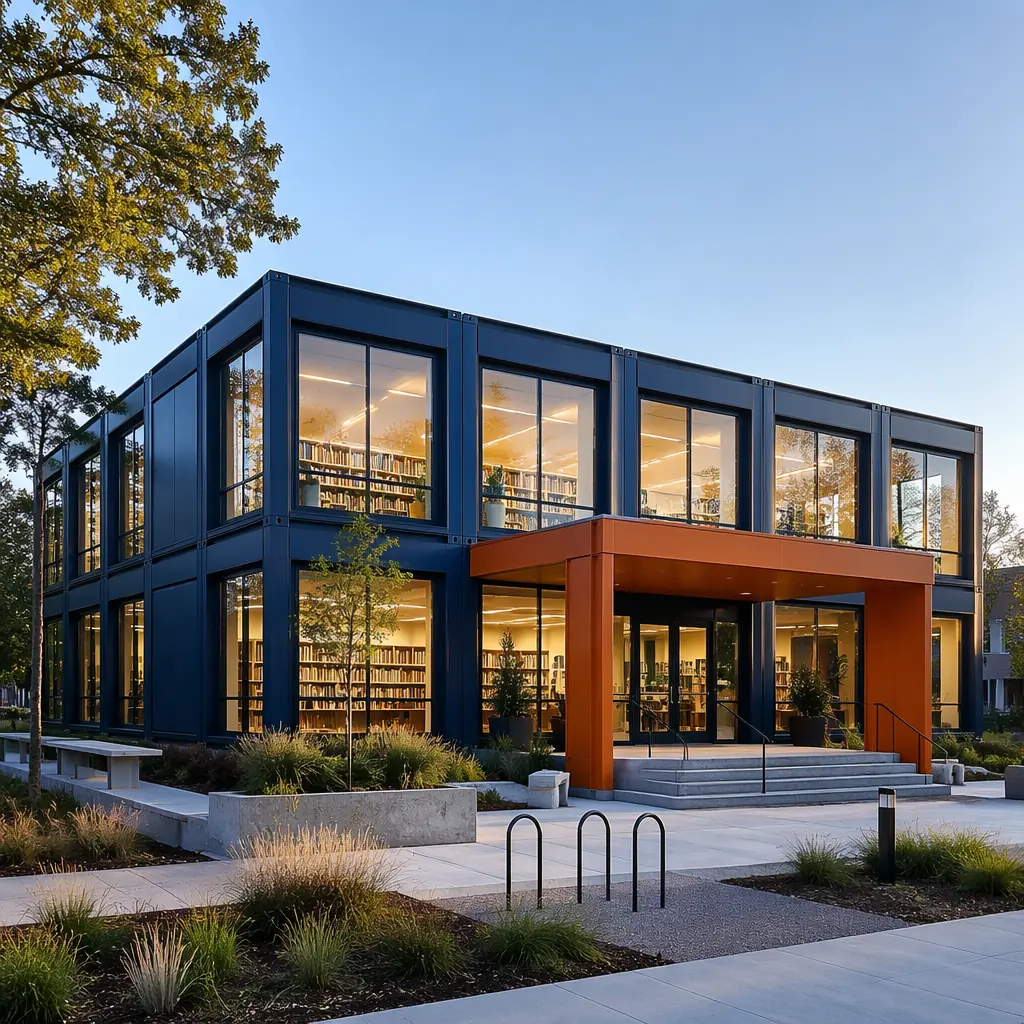 Modern modular prefabricated public library building with glass curtain wall facade, steel frame structure visible at module joints, two-story open-plan design with warm wood interior visible through floor-to-ceiling windows, library patrons visible inside reading areas, contemporary civic architecture with integrated solar shading, landscaped entry plaza with community gathering space, dark navy and warm steel orange accents in MODURA brand palette