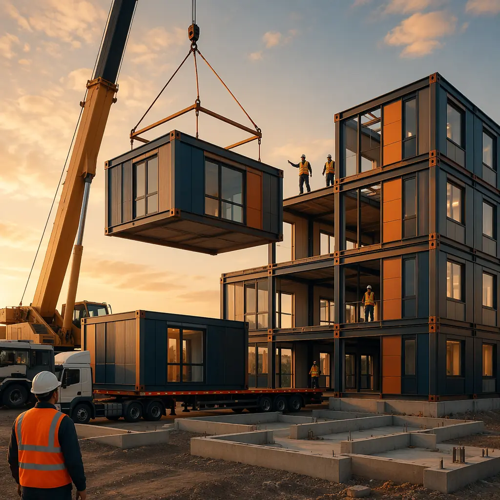 Modern modular commercial building exterior showing clean geometric factory-built module grid facade with steel frame accents