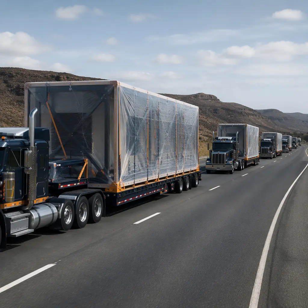 Flatbed trucks carrying completed modular building units with factory-installed facades on highway, modules wrapped in protective shipping covers, convoy heading to port for international shipment