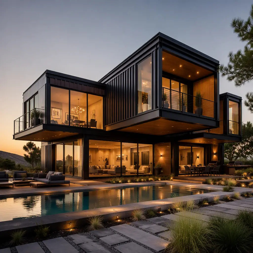 Modern luxury modular home exterior at golden hour, two-story prefabricated residence with floor-to-ceiling glazing, cantilevered steel frame module sections, dark navy metal cladding with warm wood accents, minimalist architectural design, landscaped grounds with pool, professional architectural photography
