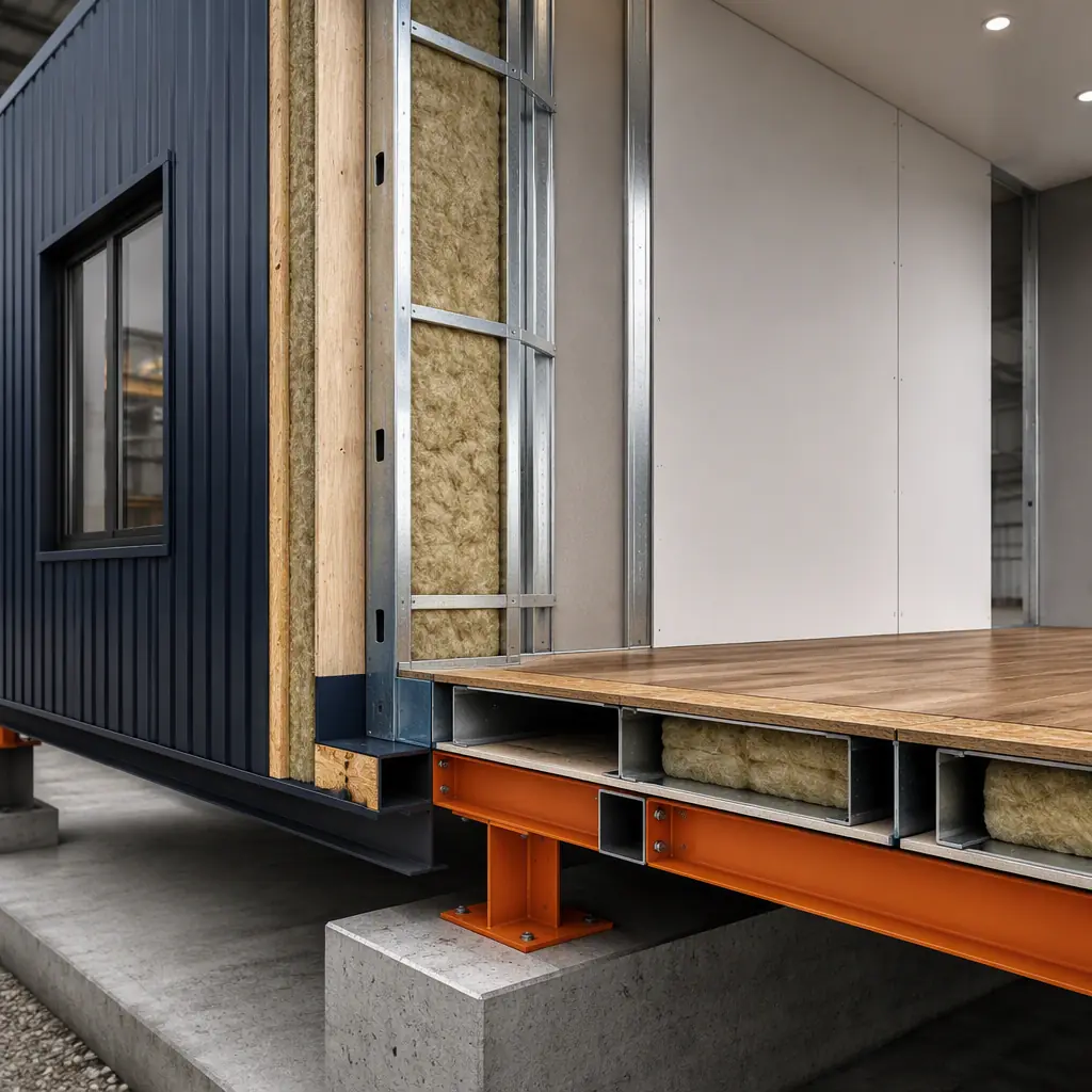 Photorealistic 3D cross-section render of factory-built home module showing steel frame, wall panels with insulation, floor joists, roof assembly and foundation connection points, clean engineering visualization, steel frame structure visible, no people, no text, no labels