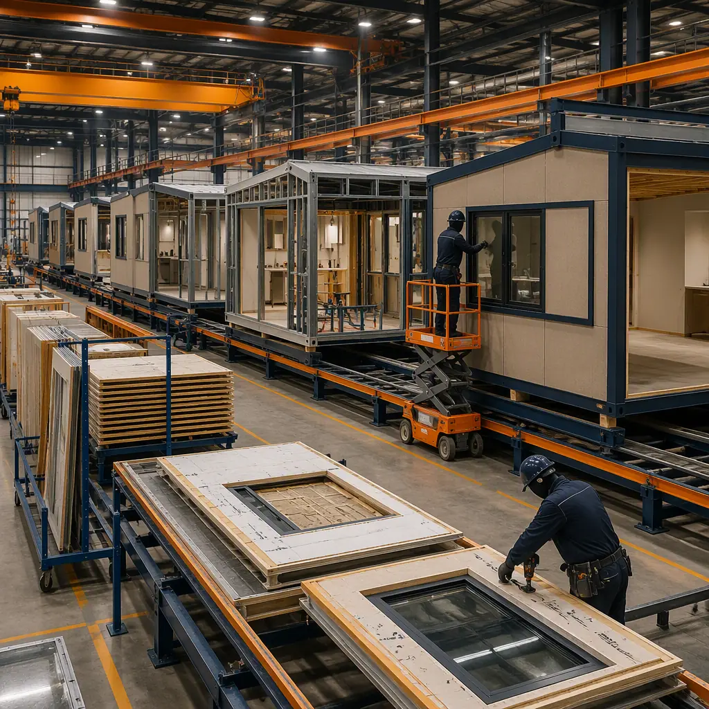 Factory floor of modular prefabricated housing facility, home modules under construction with steel frames and wall panels, workers assembling floor and wall assemblies without visible faces, assembly line, modules on factory floor, dark navy and warm steel orange accents, no text, no logos