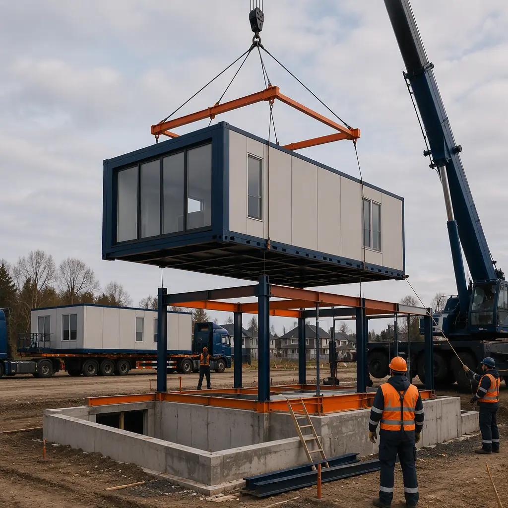 Crane lifting prefabricated modular home section onto foundation at residential development, factory-assembled steel frame module with clean geometric lines, module seams visible, multiple home modules in background on flatbed trucks, work crews without visible faces, photorealistic construction photography, dark navy and warm steel orange accents, no text, no logos