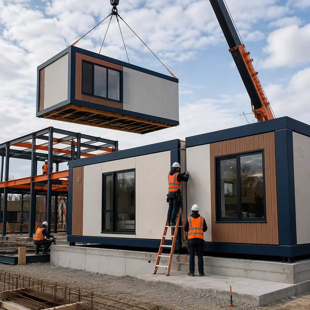 Crane lifting prefabricated home module onto permanent foundation at residential construction site, module being positioned by crane, steel frame visible, work crews without visible faces, module seams visible, clean residential lot, photorealistic construction photography, dark navy and warm steel orange accents, no text, no logos