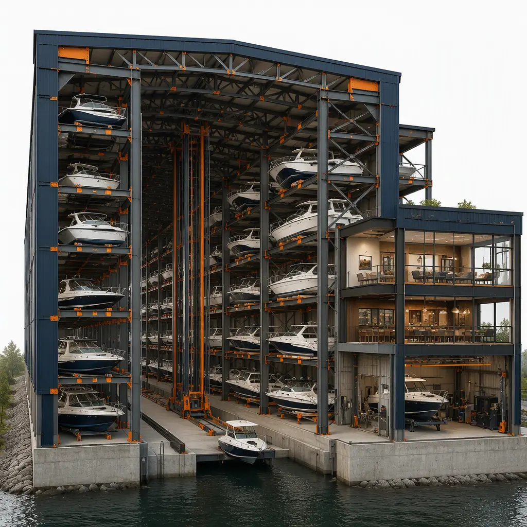 Photorealistic 3D cross-section render of modular dry stack boat storage marina, showing steel rack bays with boats on multiple levels, center lift aisle, high-bay roof trusses, clubhouse module block at one end with restaurant and lounge, maintenance bay, clean engineering visualization, no text, no labels