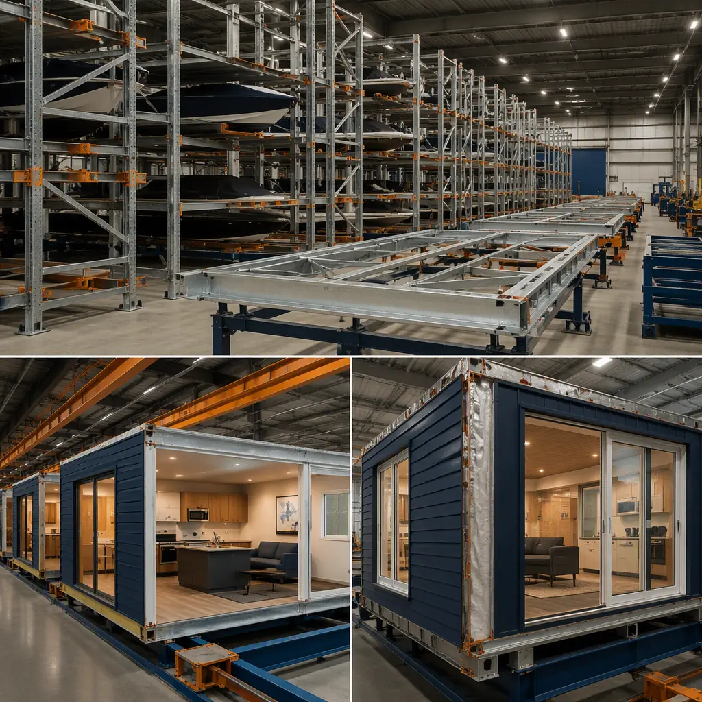 Factory floor of modular prefabricated construction facility, steel racking bays for dry stack boat storage being fabricated and galvanized, clubhouse modules with kitchen and lounge fit-out on assembly line, dark navy and warm steel orange accents, no people faces, no text