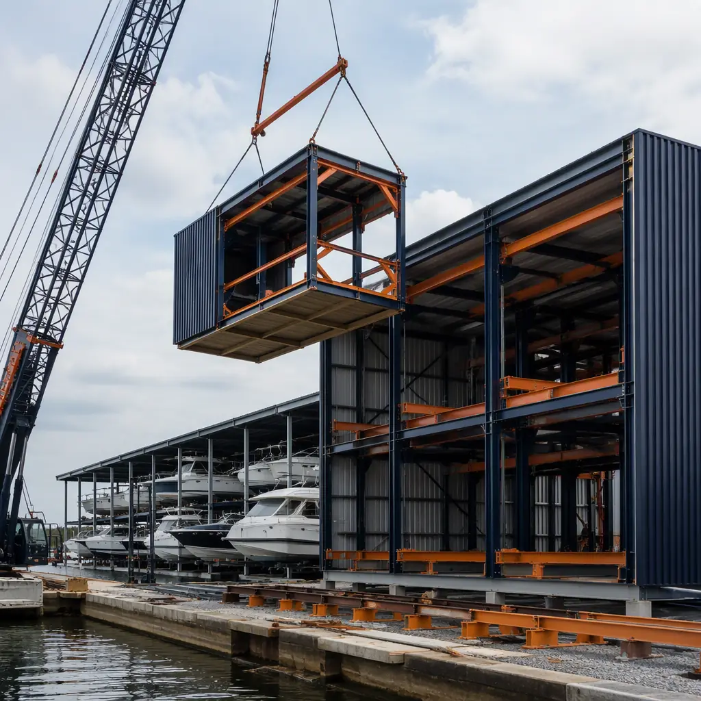 Crane lifting prefabricated steel-frame dry stack barn module with racking structure onto marina site, boats in wet slips in background, module seams visible, waterfront construction site, dark navy steel with warm orange accents, no people faces, no text