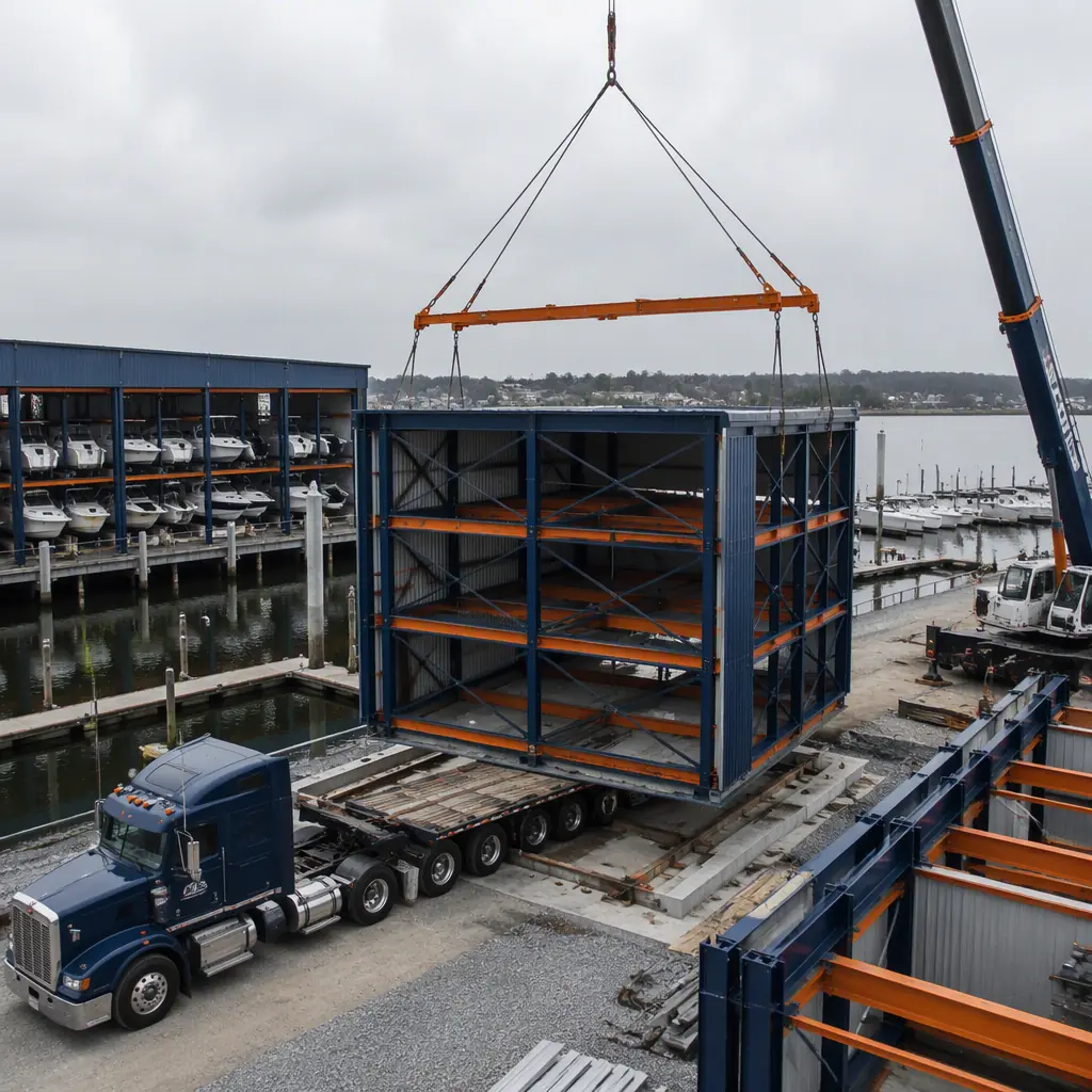 Prefabricated dry stack barn steel modules arriving on flatbed trucks at waterfront marina site, crane positioning racking structure module onto prepared pad, boats on lifts in wet slips nearby, module seams visible, dark navy steel with warm orange accents, no people faces, no text, no logos
