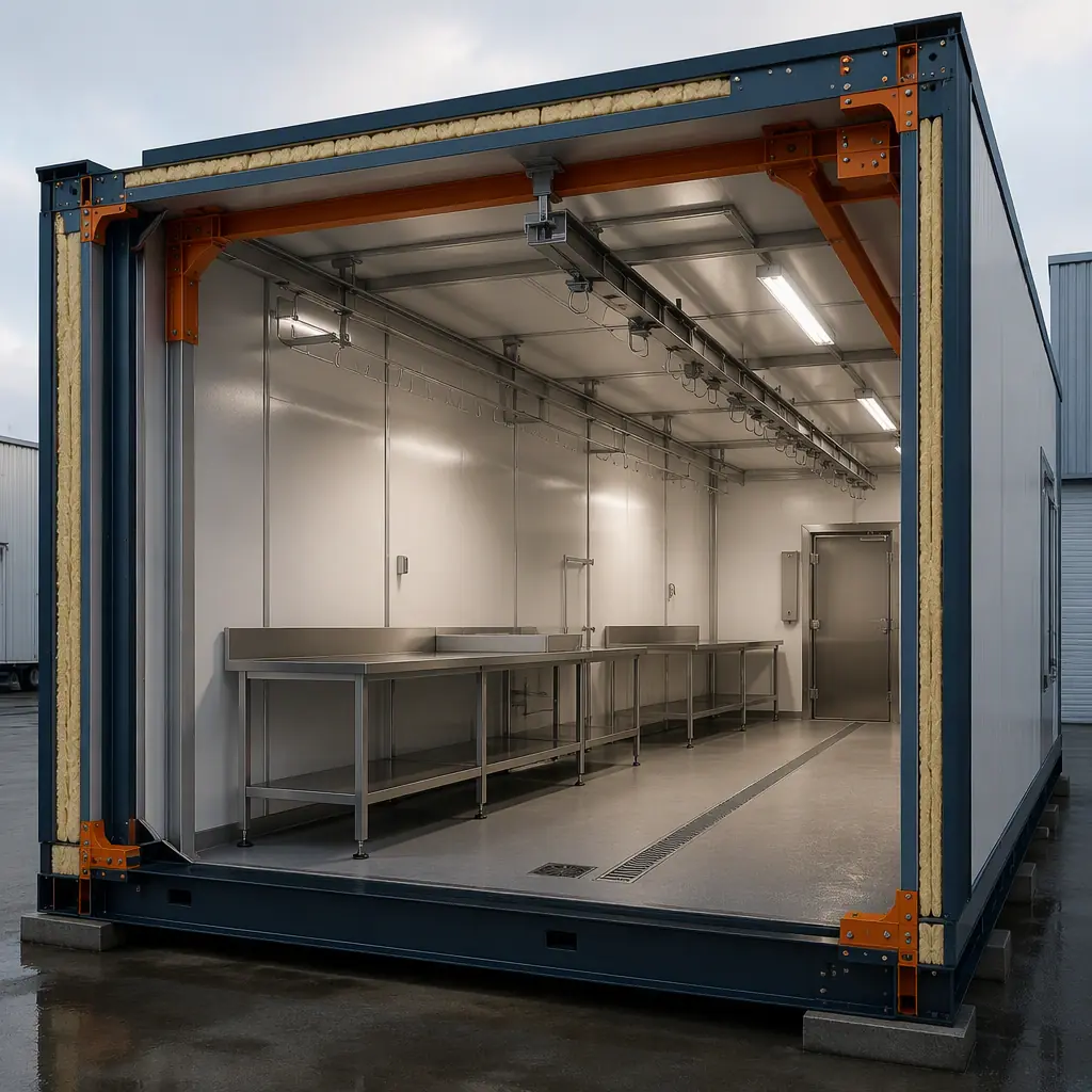 Photorealistic 3D cross-section render of modular meat fabrication room, stainless steel work tables along cleanable wall panels, overhead rail system, sloped floor with drains, insulated panel envelope, steel frame visible, clean engineering visualization, no text, no labels