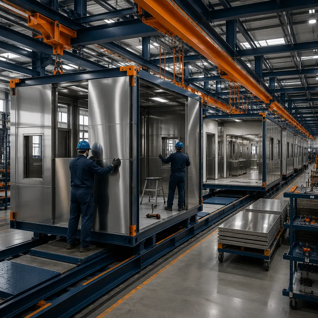Factory floor of modular prefabricated construction facility, food-grade stainless wall panels being installed in steel-frame module with overhead rail system, assembly line with modules in production, quality control inspection station, dark navy steel with warm orange accents, no people faces, no text, no logos