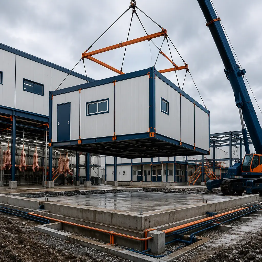 Crane lifting prefabricated steel-frame processing module with pre-installed insulated panels onto concrete pad at meat plant construction site, module seams visible, clean level site with utility trenches prepared, dark navy steel with warm orange accents, no people faces, no text