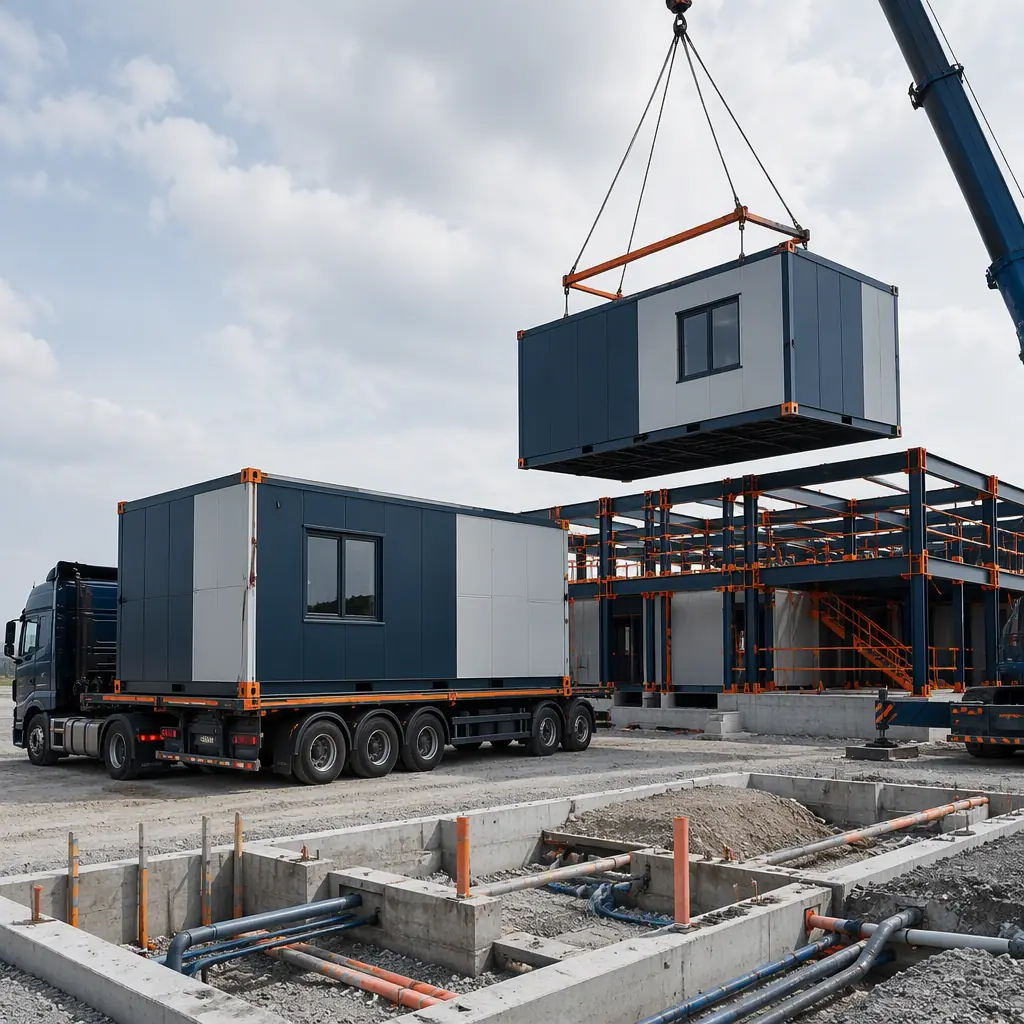 Prefabricated food processing modules arriving on flatbed trucks at meat plant site, crane positioning steel-frame module onto prepared foundation, module seams visible, utility trenches and site work under preparation, dark navy steel with warm orange accents, no people faces, no text, no logos