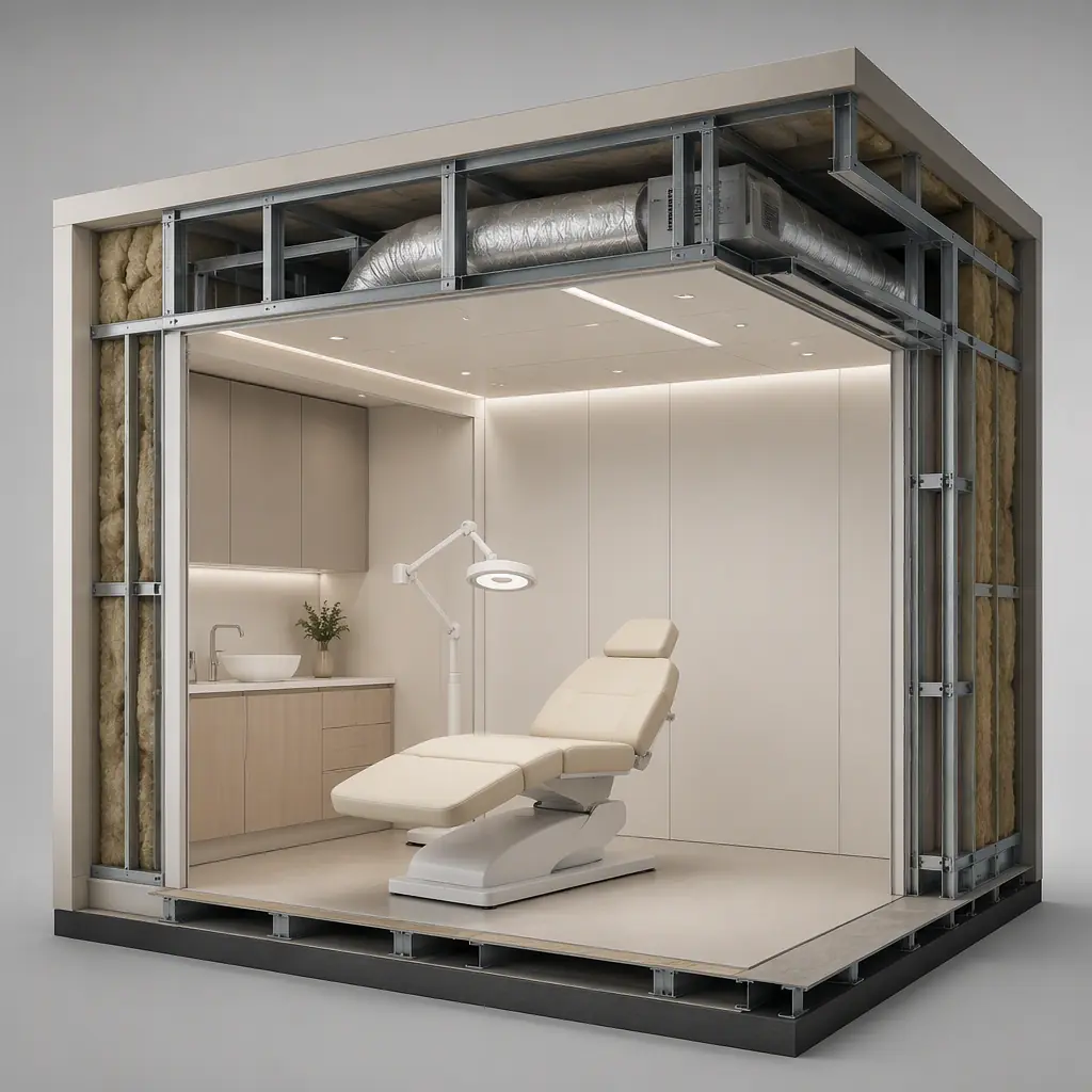 Photorealistic 3D cross-section render of modular med spa treatment room, procedure chair with examination light, hand wash sink with casework, medical gas outlets on wall, filtered HVAC duct, sealed wall panels with steel frame visible, clean engineering visualization, no text, no labels