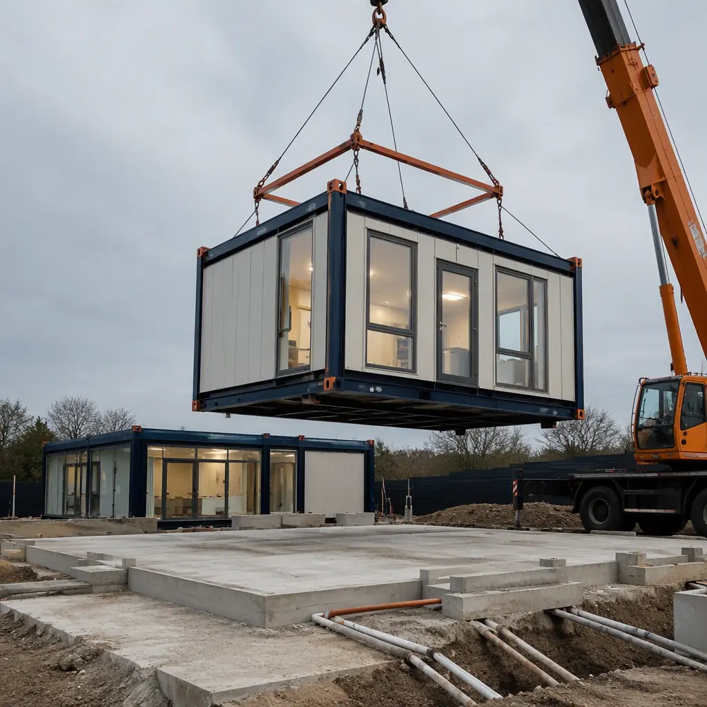 Crane lifting prefabricated steel-frame clinic module with pre-installed panels onto concrete pad at med spa construction site, module seams visible, clean level site with utility trenches prepared, dark navy steel with warm orange accents, no people faces, no text