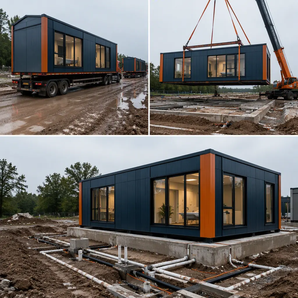 Prefabricated med spa clinic modules arriving on flatbed trucks at site, crane positioning steel-frame module onto prepared foundation, module seams visible, utility trenches and site work under preparation, dark navy steel with warm orange accents, no people faces, no text, no logos
