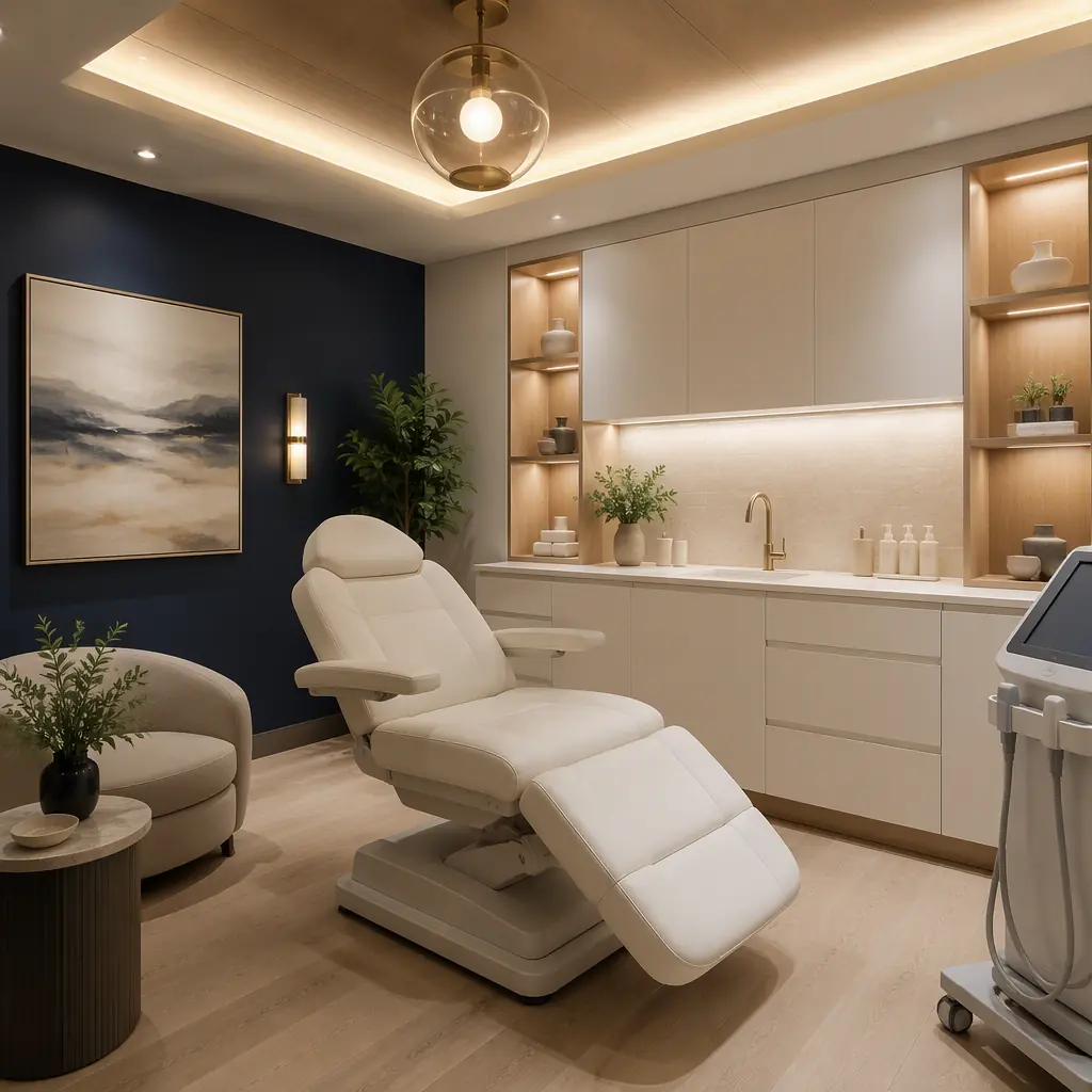 Interior of modular med spa treatment room, warm modern aesthetic with procedure chair, clean white casework with warm wood accents, soft ambient lighting, calming wellness palette with navy accent wall, high end clinical finish, no people, no text