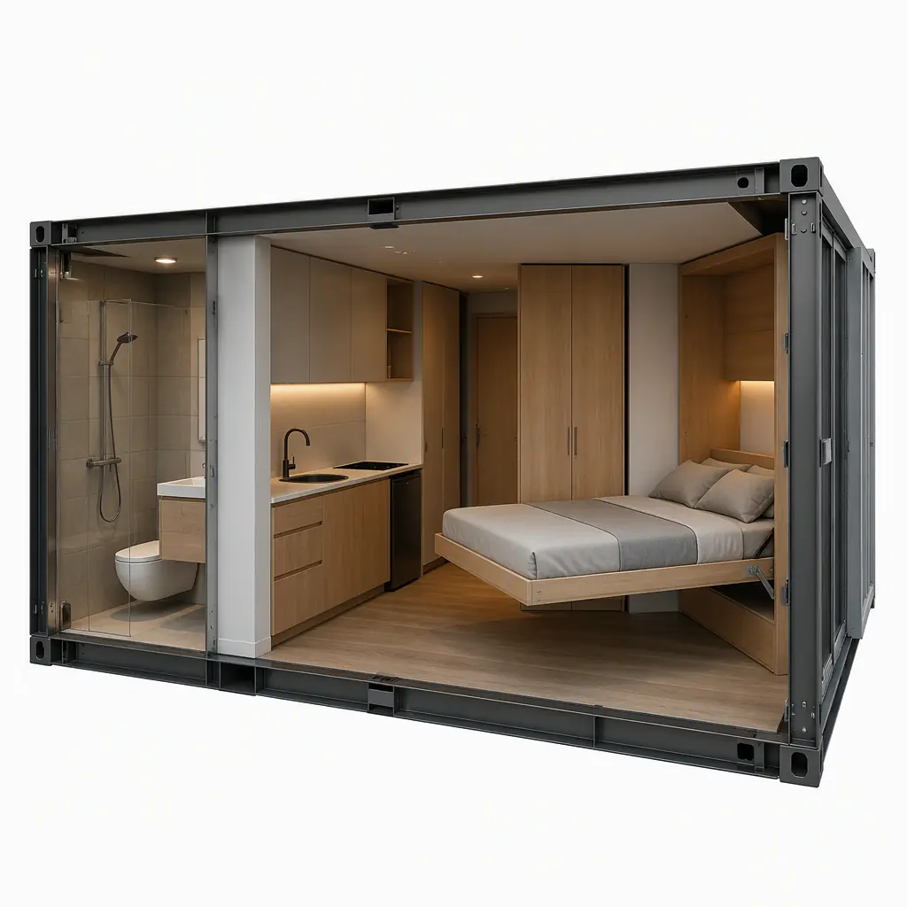 Photorealistic 3D cross-section render of a compact modular micro-apartment unit, kitchenette with sink and cooktop along one wall, compact bathroom with shower, wall-mounted sleeping zone, full-height closet, efficient 300 sq ft layout, steel frame visible, clean engineering visualization, no text, no labels