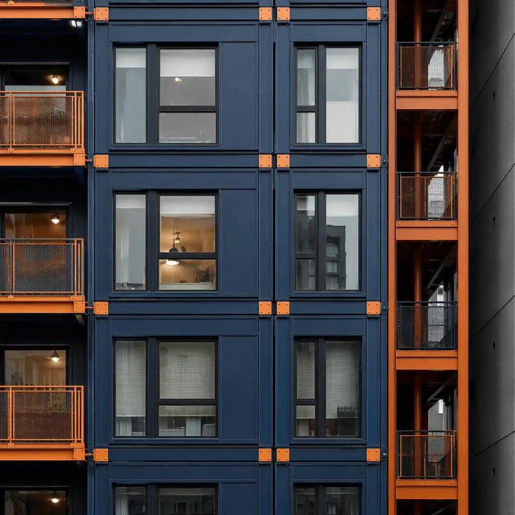 Close view of modular micro-apartment building facade showing stacked prefab unit modules with clean geometric grid, module seams visible, repeating window pattern, compact urban infill setting, dark navy steel with warm orange accent trim, no people faces, no text, no logos