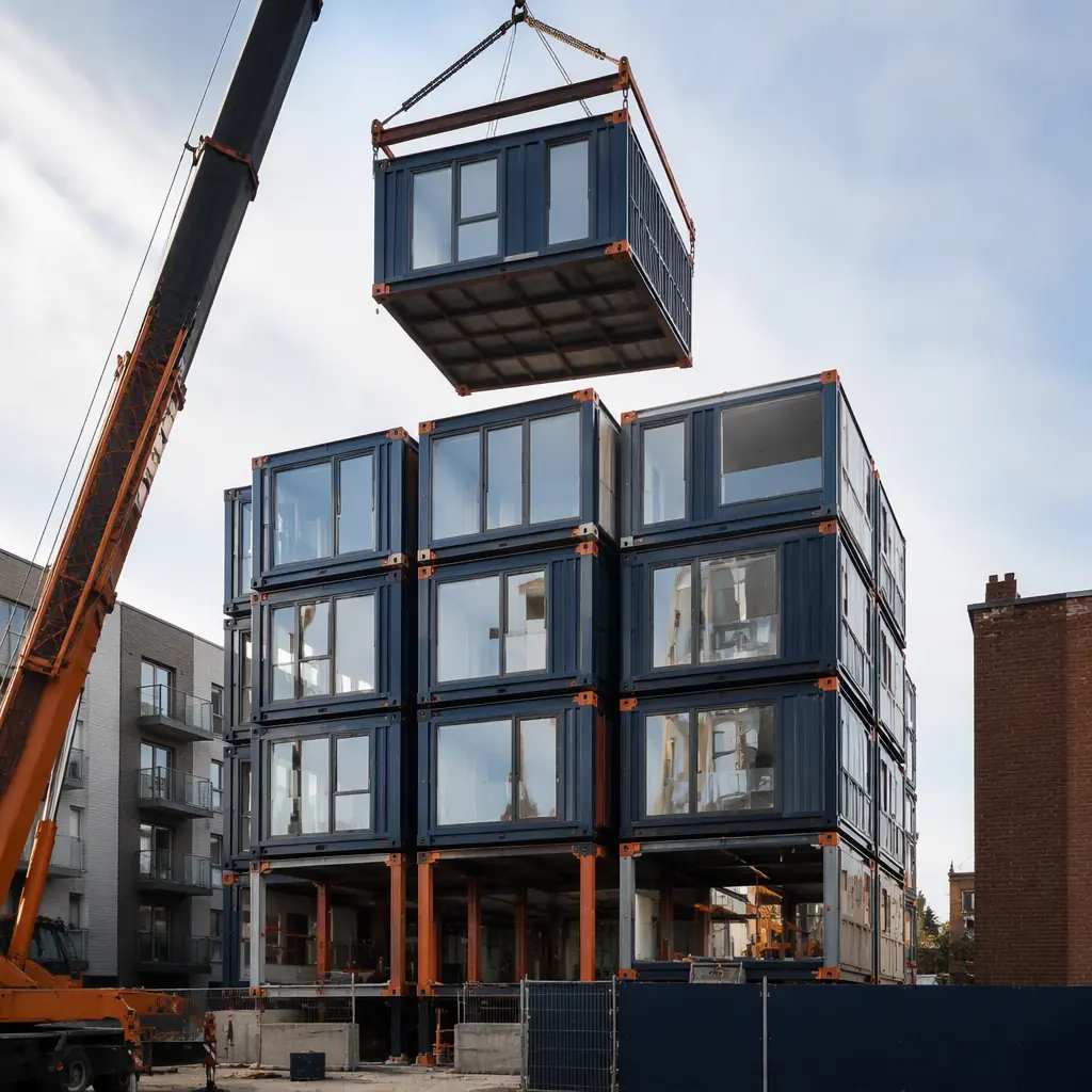 Crane lifting prefabricated steel-frame micro-unit module onto stacked position in modular apartment building construction, module seams visible, grid facade forming, compact urban infill site, dark navy steel with warm orange accents, no people faces, no text