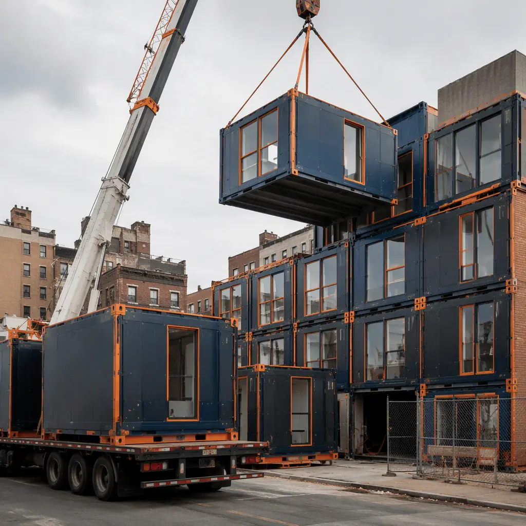 Prefabricated micro-apartment module units arriving on flatbed trucks at urban infill site, crane positioning steel-frame unit module onto stacked building position, module seams visible, compact city lot with utility connections prepared, dark navy steel with warm orange accents, no people faces, no text, no logos