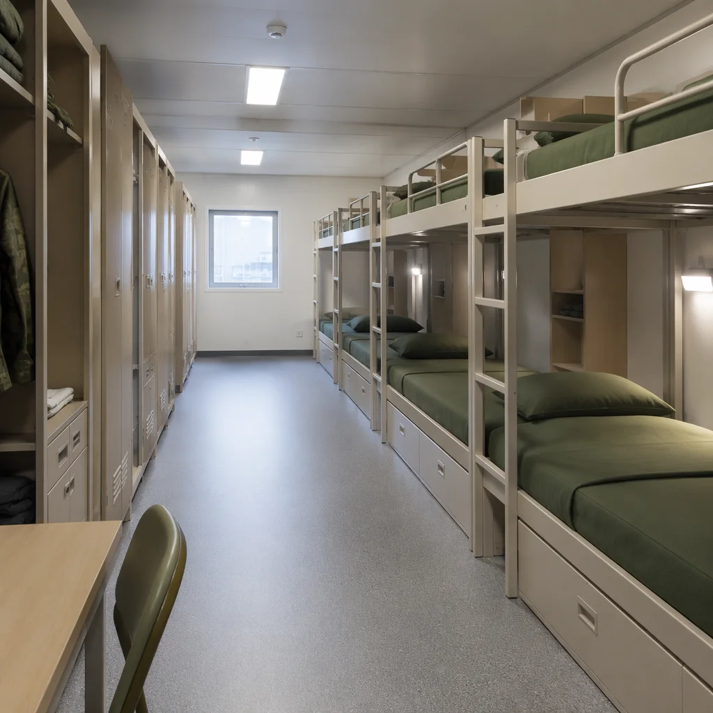 Modular military barracks deployed in arid environment with solar array and satellite communications