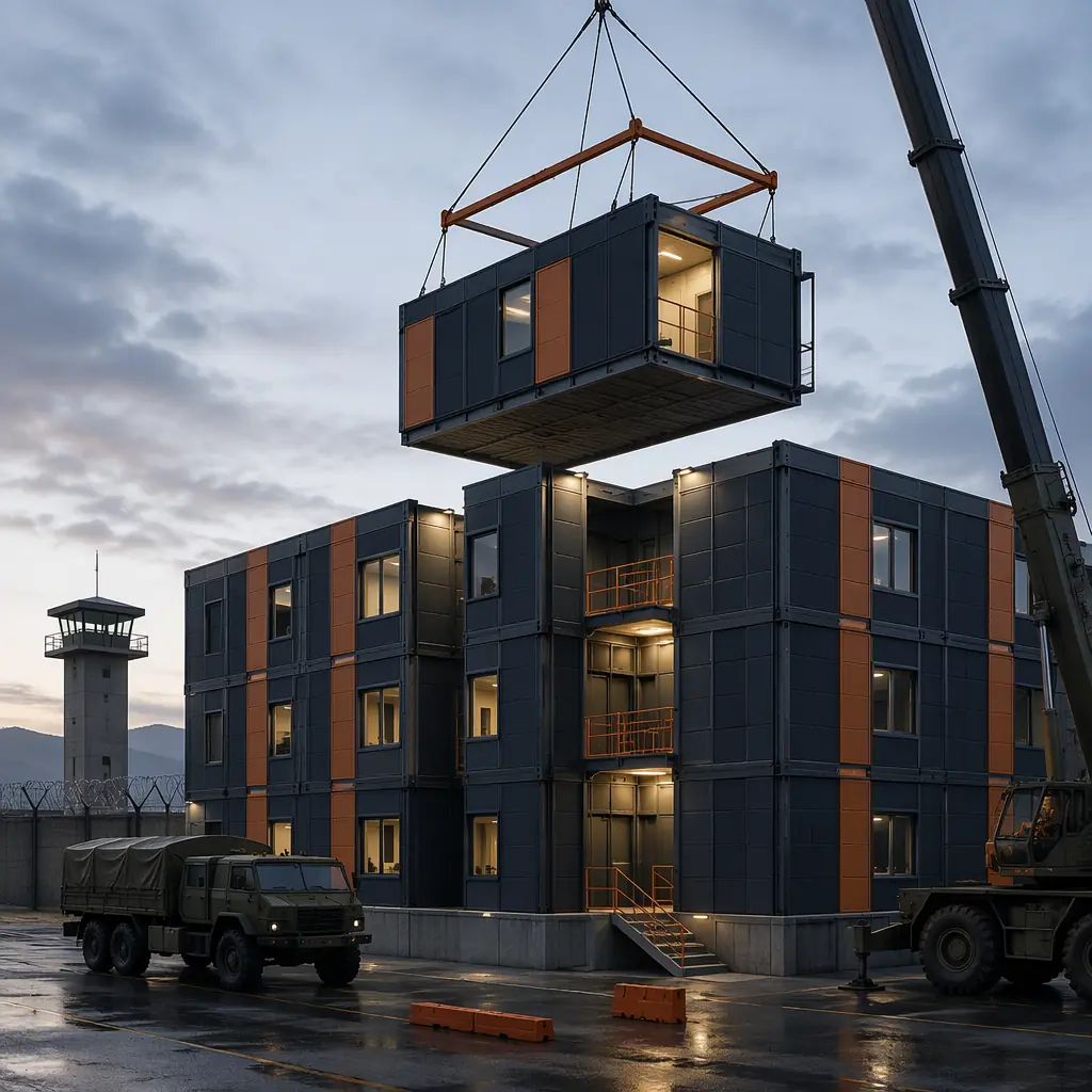 Modular prefabricated military barracks building on military installation, steel frame modules with clean geometric lines, grid pattern facade reflecting factory-assembled accommodation units, modules being craned into position, military base context with security perimeter visible, dark navy building structure with warm steel orange architectural details, professional defense infrastructure aesthetic