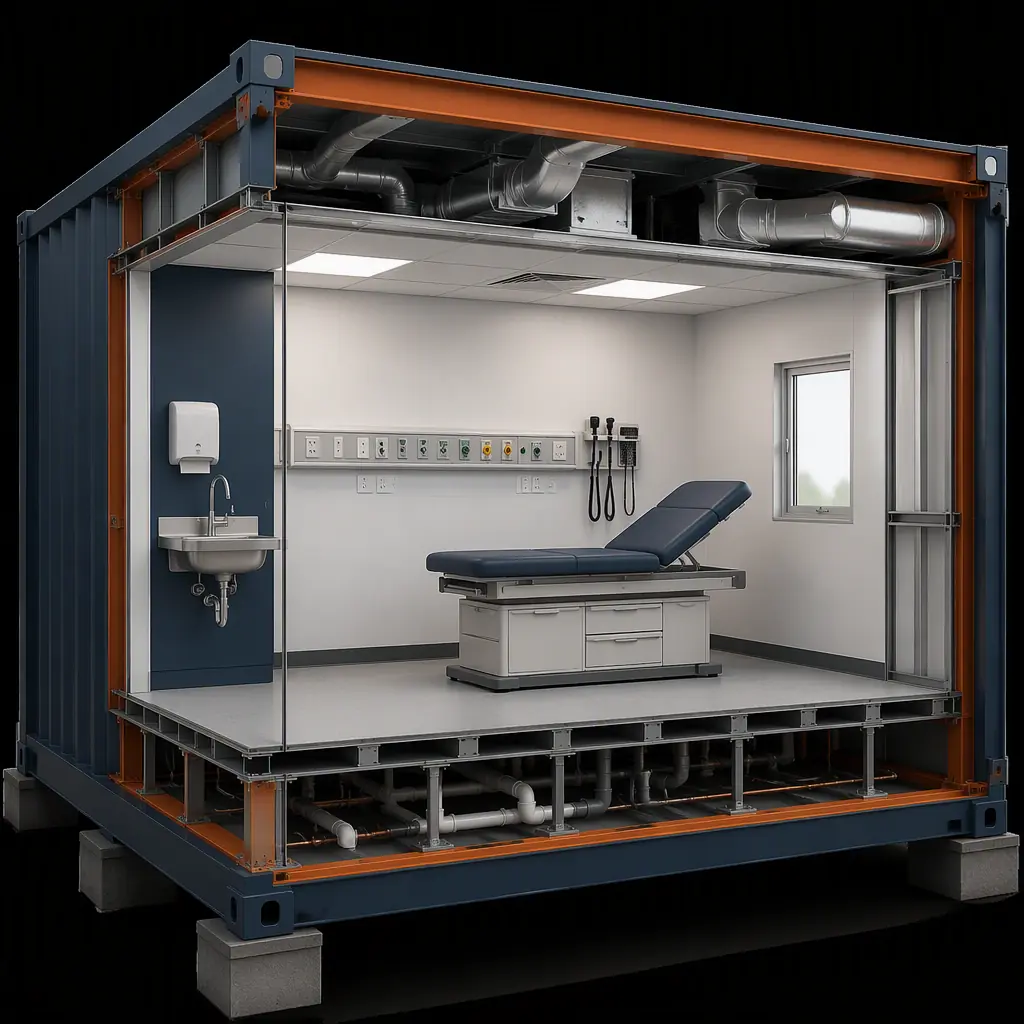 Photorealistic 3D cross-section render of modular medical clinic unit showing examination room with exam table, hand washing station, medical gas outlets, HVAC ducting, raised floor for plumbing, steel frame module structure, clean engineering visualization, no people, no text, no labels