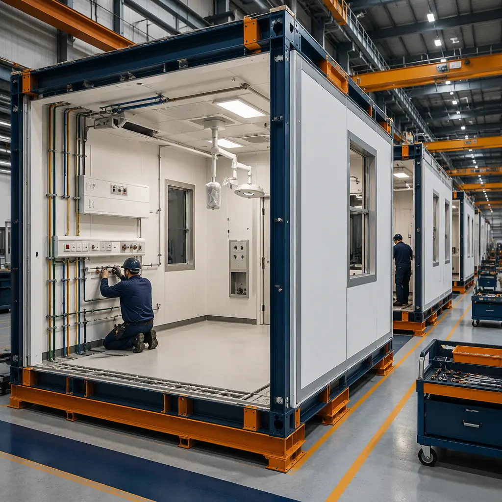 Factory floor of modular prefabricated medical facility production, clinical module under construction with medical gas piping visible on wall panels, workers installing HVAC and electrical systems without visible faces, assembly line, clean environment, dark navy and warm steel orange accents, no text, no logos