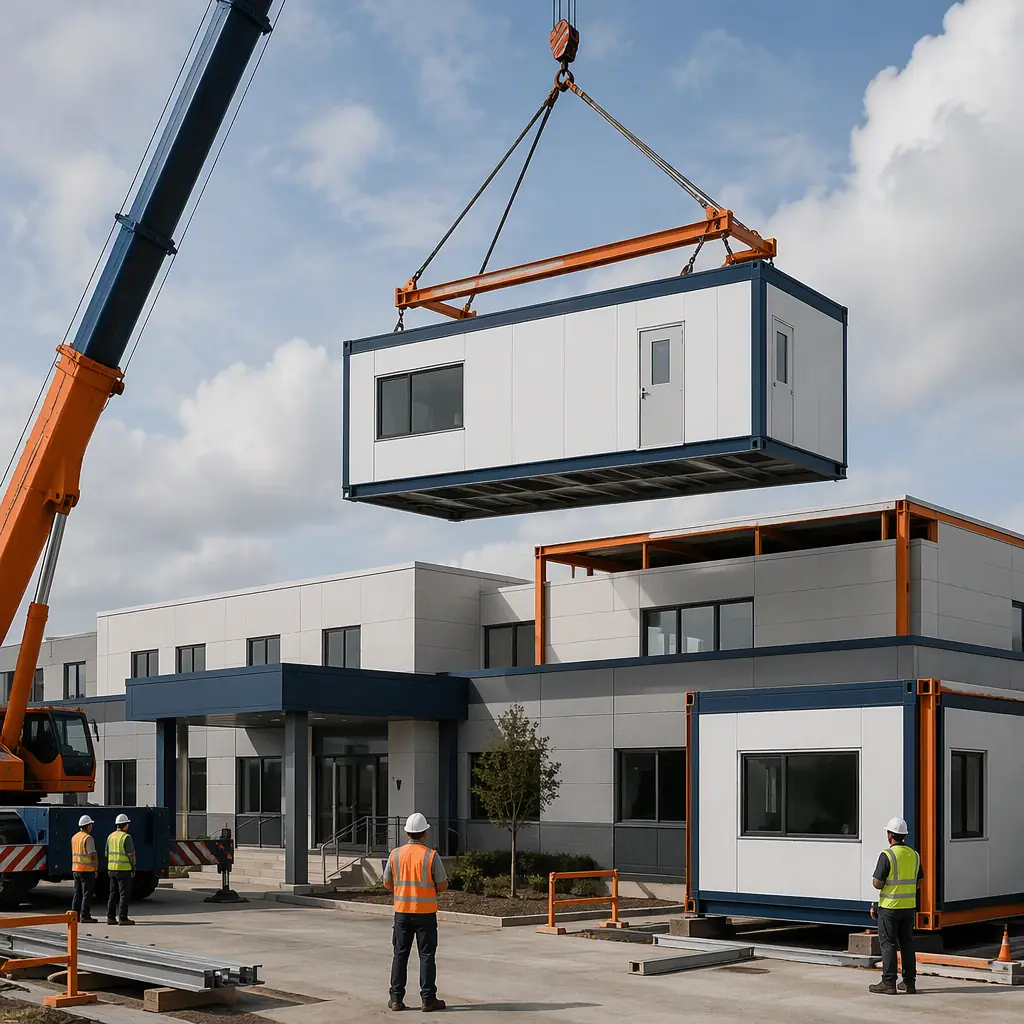 Modular prefabricated medical clinic buildings being craned into position at healthcare campus, white-clad clinical modules with steel frames, module seams visible, accessible ramp modules being connected, work crews without visible faces, photorealistic construction photography, dark navy and warm steel orange accents, no text, no logos