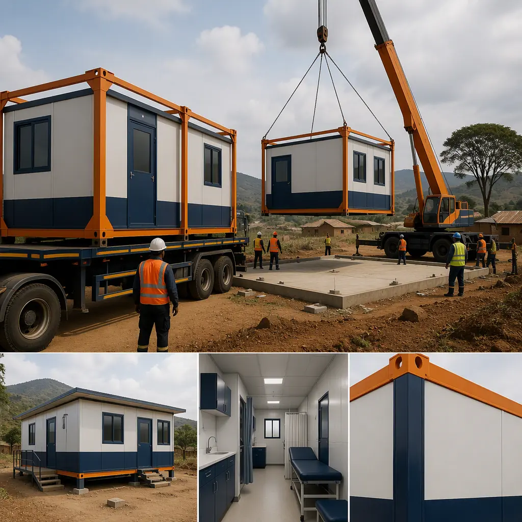 Mobile modular medical clinic unit being delivered by truck to rural healthcare site, modules arriving on flatbed truck, crane positioning clinical module near existing health center, module seams visible, steel frame, work crews without visible faces, photorealistic construction photography, dark navy and warm steel orange accents, no text, no logos