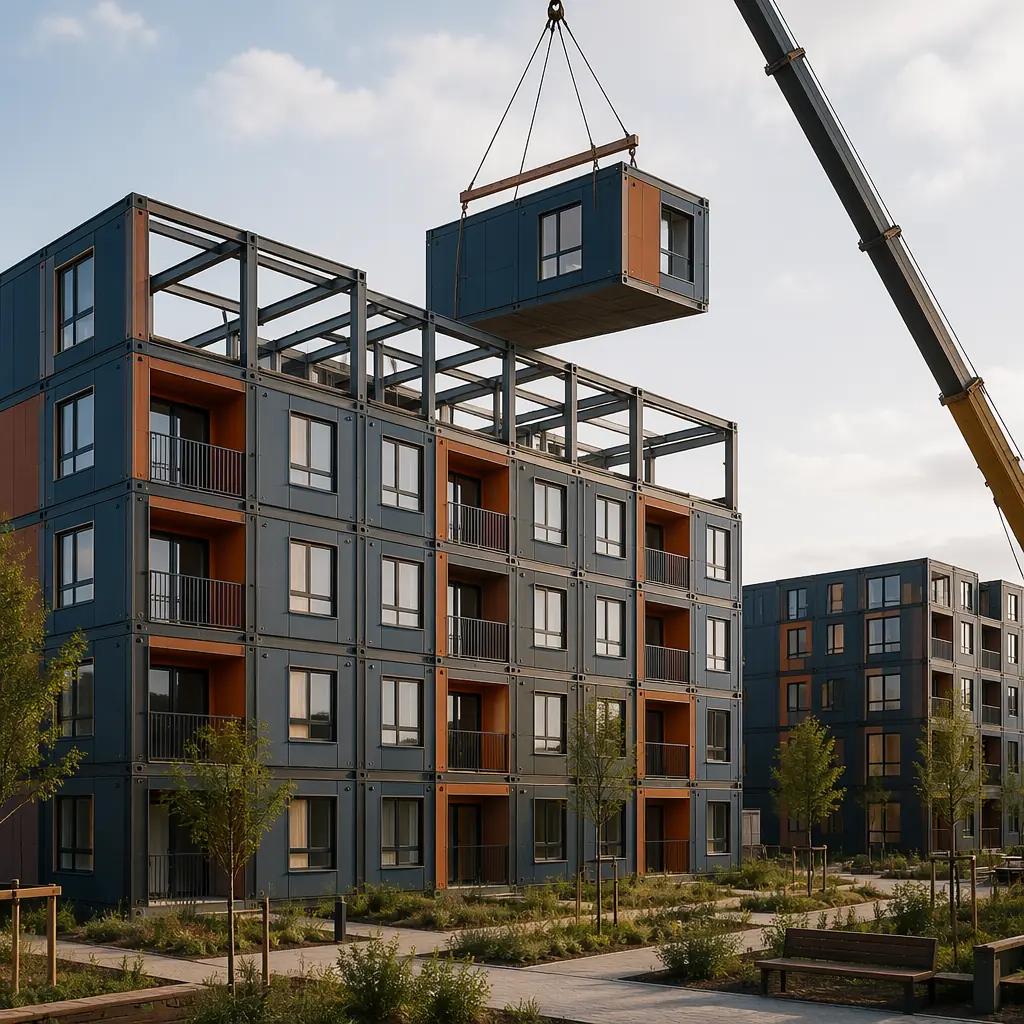 Modern modular affordable housing complex exterior, multi-story prefabricated residential building with visible module seams, clean geometric lines, repeating window grid, crane positioning housing module, community setting, dark navy and warm steel orange architectural details, factory-assembled social housing modules