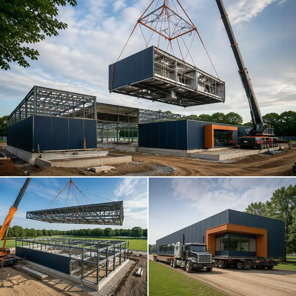 Modern modular indoor aquatic center building exterior, prefabricated steel frame recreation facility with clean geometric facade, large glass curtain wall showing pool area interior, crane lifting prefabricated natatorium module onto foundation, community recreation complex with dark navy architectural panels and warm steel orange entrance canopy accents, municipal park setting