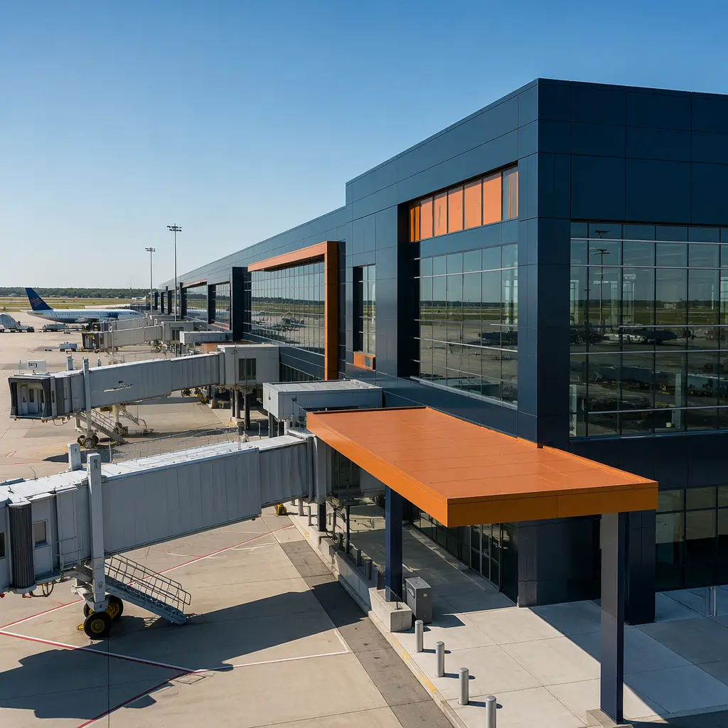 Modular prefabricated airport terminal building being craned into position on airside, steel frame module unit with glass curtain wall facade suspended from crane, modern airport terminal expansion under construction, factory-assembled modular aviation facility being installed during overnight possession window, aircraft taxiway visible in background, dark navy structural steel elements with warm steel orange brand accent details