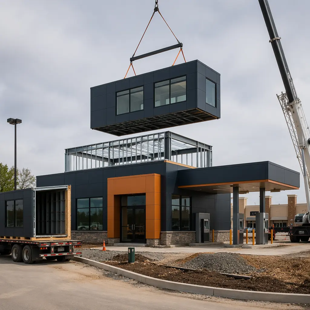 Modern modular bank branch building exterior, prefabricated steel frame modules assembled into financial institution retail facility, clean geometric facade with module grid pattern visible, drive-through canopy and ATM vestibule integrated into modular design, professional corporate aesthetic with dark navy and warm steel orange architectural details, crane lifting prefab module onto commercial site