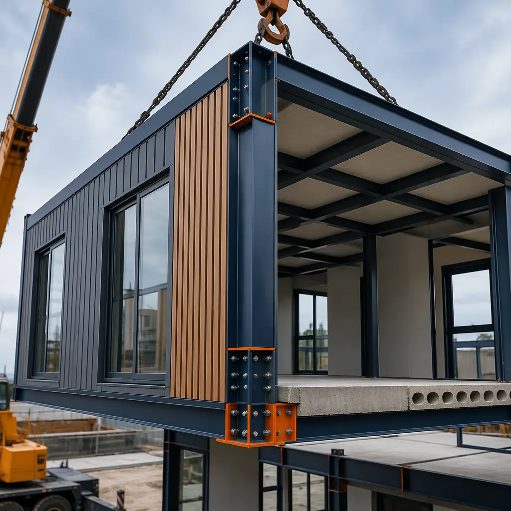 Steel modular frame with integrated precast concrete floor slab, showing the hybrid steel-concrete connection detail at the module corner