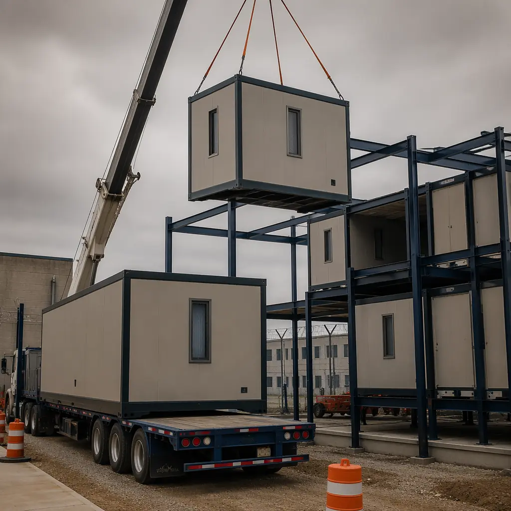Modern modular correctional facility exterior with steel-framed prefabricated modules, controlled access design, module seams visible on detention-grade building facade, justice infrastructure with dark navy structural accents and warm steel orange details, crane lifting secure housing module onto multi-wing facility
