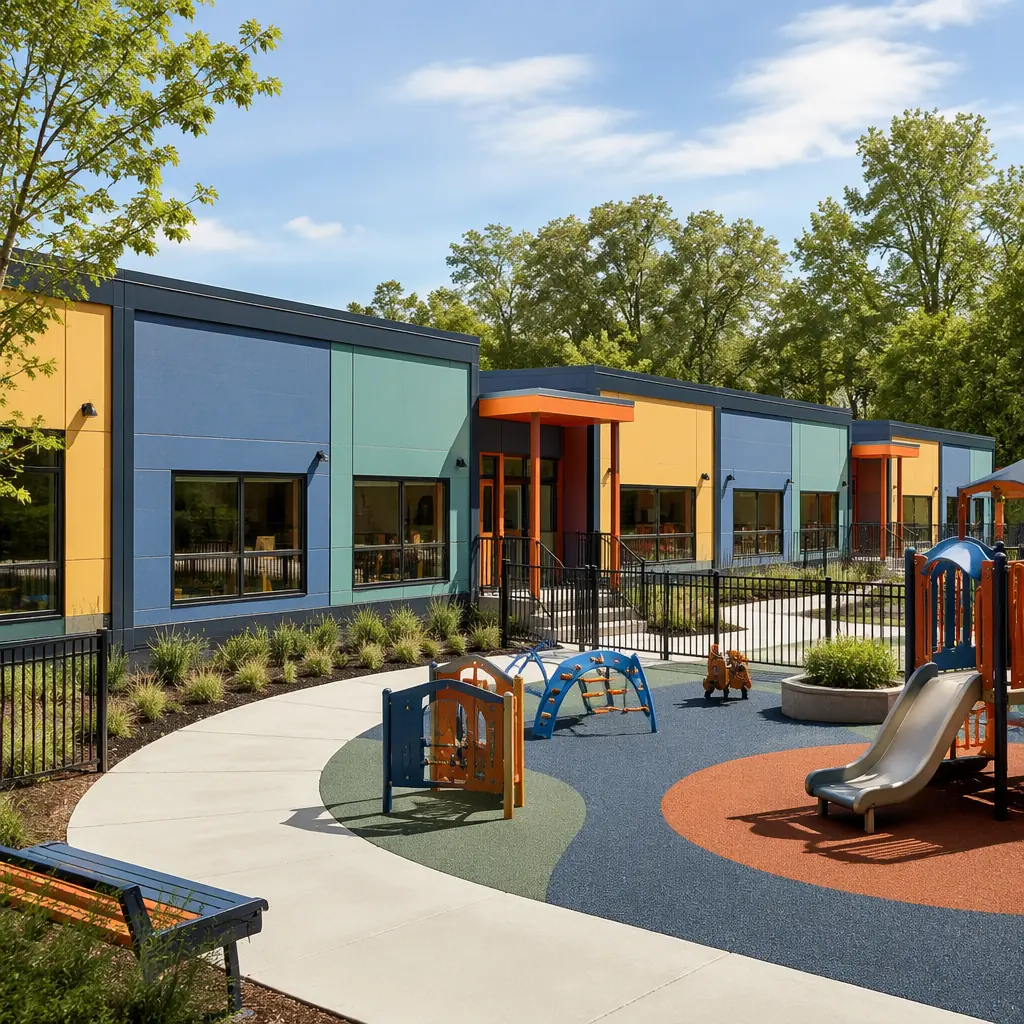 Modular daycare and early childhood education center exterior, prefabricated steel-framed modules stacked and connected, clean geometric facade with colorful child-friendly accents, outdoor playground area integrated, module seams visible, dark navy structural frame with warm orange details