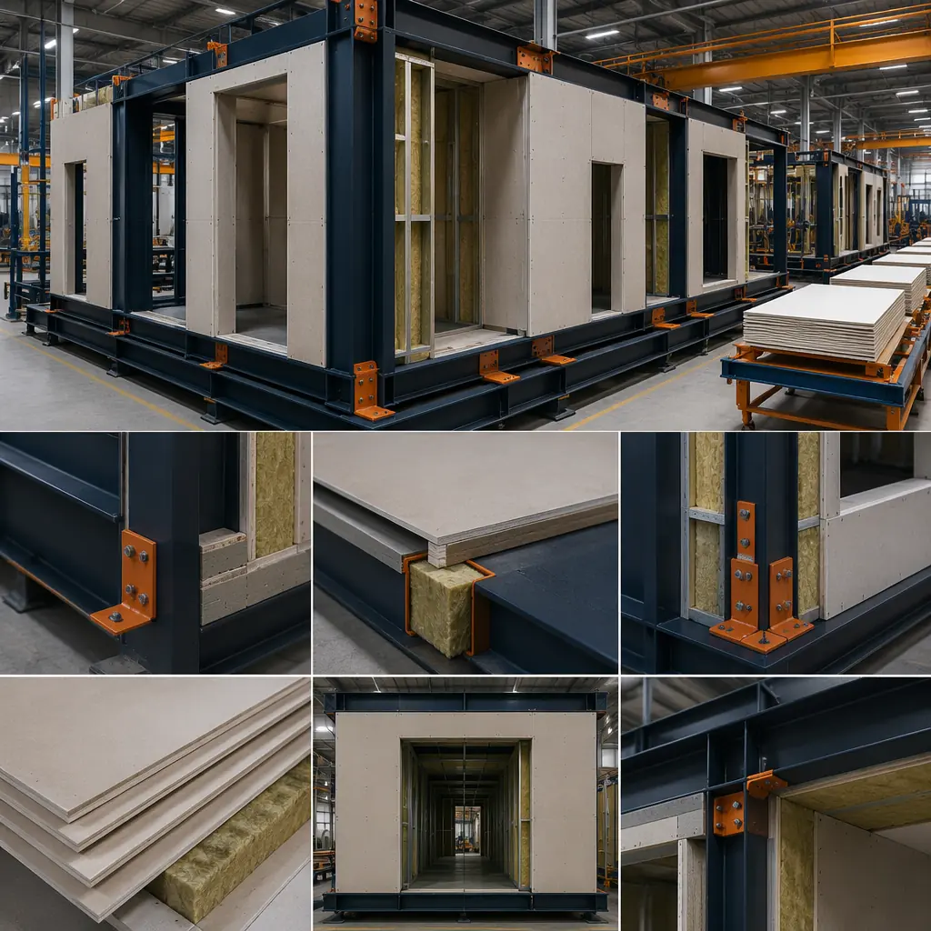 Fire-rated modular building wall assembly being tested in factory environment, steel frame modular construction with fire-resistant panels installed, factory quality control station with fire certification markings, prefabricated construction modules showing fire-rated assembly details, industrial setting with dark navy and warm steel orange brand details on structural elements