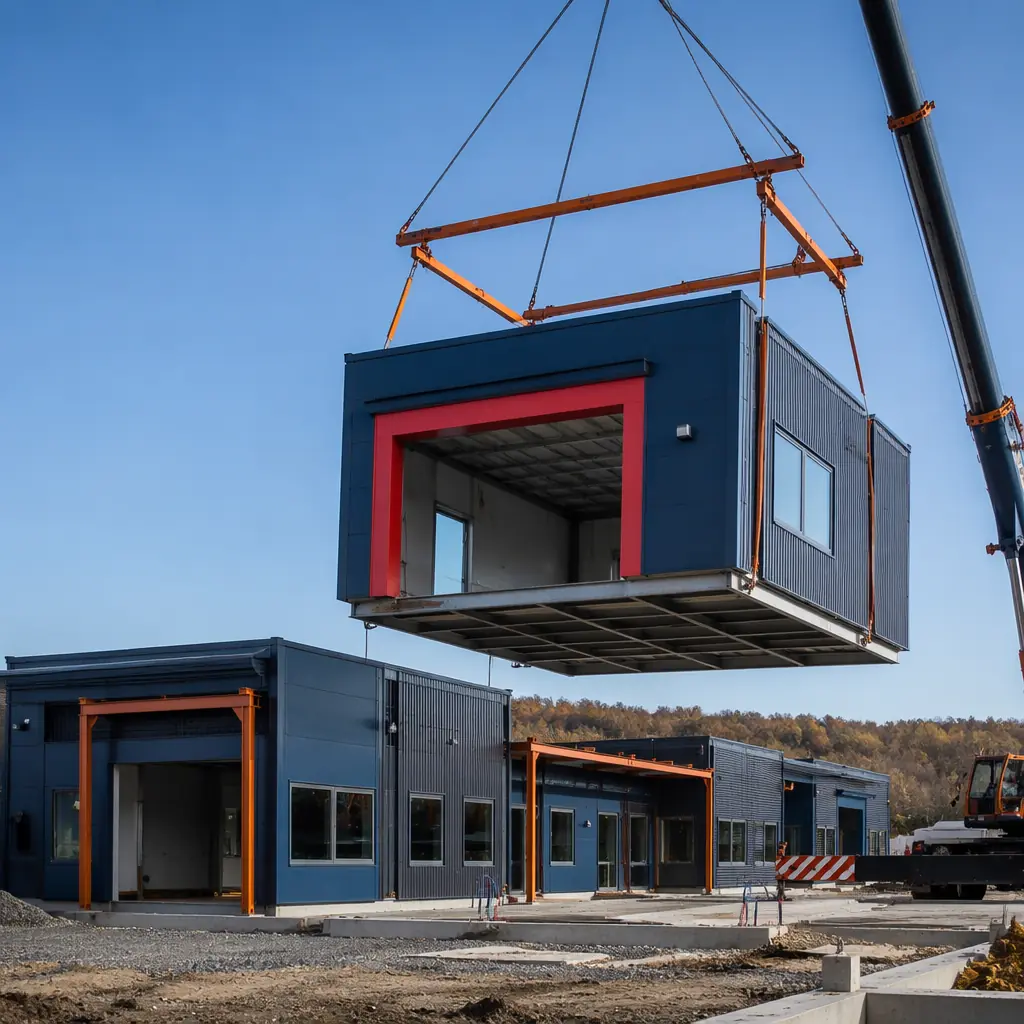 Modern modular fire station building exterior with apparatus bay doors, steel-framed prefabricated modules stacked, crane lifting module unit onto station, clean modern facade with dark navy structural accents and warm steel orange details, emergency response facility under construction