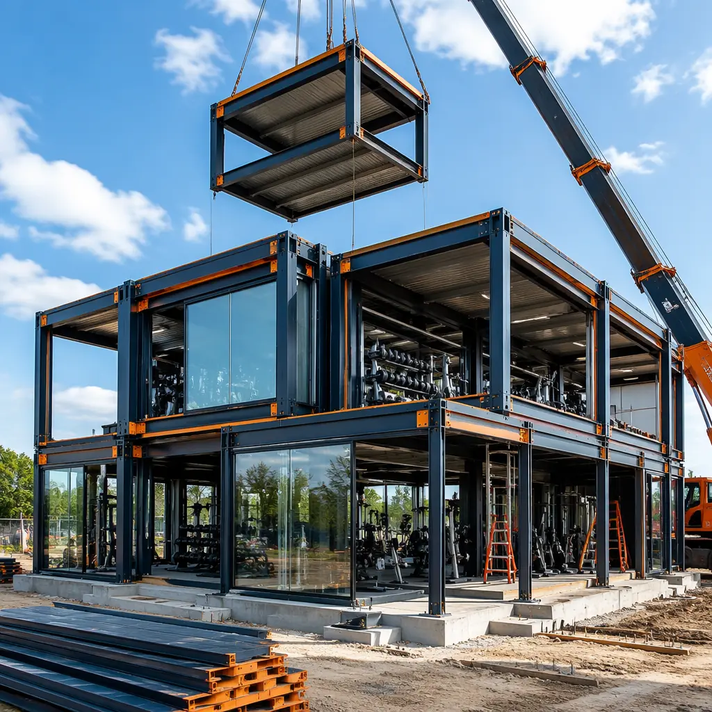 Modern modular fitness center building exterior, steel-framed prefabricated modules stacked with large glass curtain wall facade, crane lifting gym module unit onto foundation, clean geometric lines with dark navy structural accents and warm steel orange details, health club construction site with factory-built modules arriving on flatbed truck
