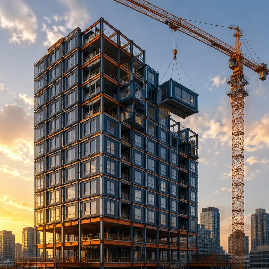 Modern modular high-rise building under construction, 15-story steel frame prefabricated structure with visible module seams, grid pattern facade, crane lifting module unit onto upper floors, clean geometric lines, dark navy accents, urban city setting with golden hour lighting