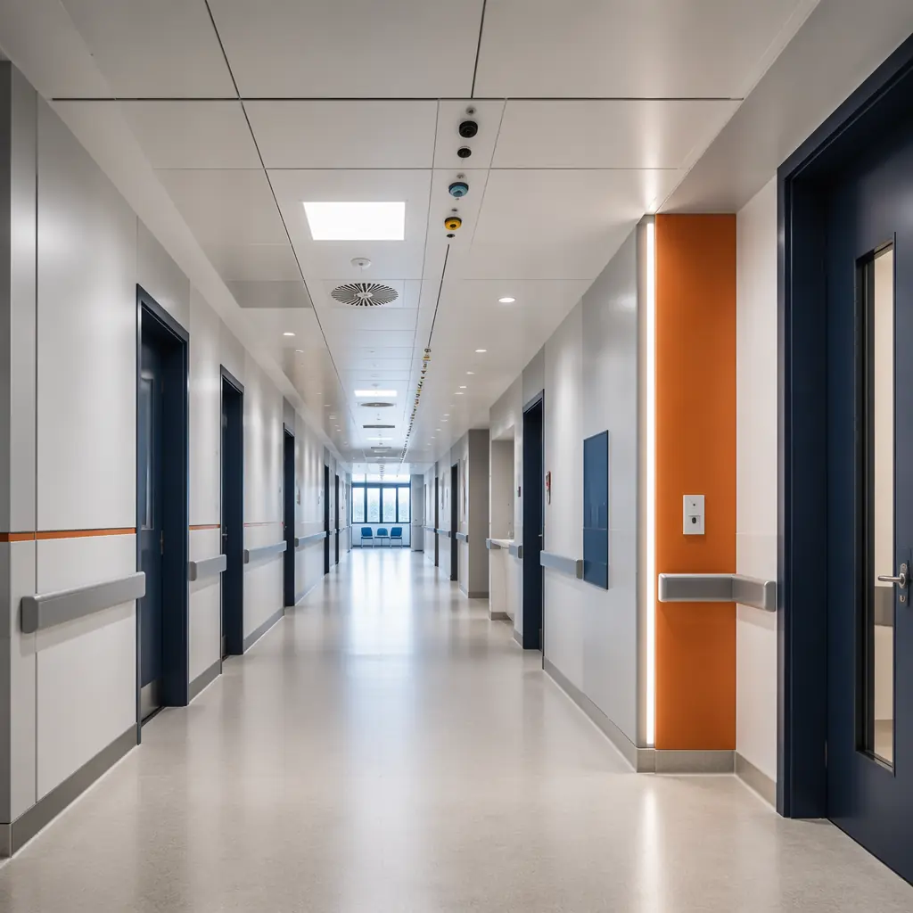 Completed modular hospital corridor interior with clean medical facility finishes, steel frame modular construction with fire-rated wall assemblies visible, HEPA filtration and medical gas outlets along corridor, modern healthcare facility with dark navy architectural accents and warm steel orange details, prefabricated hospital module interior showing ceiling-mounted medical systems