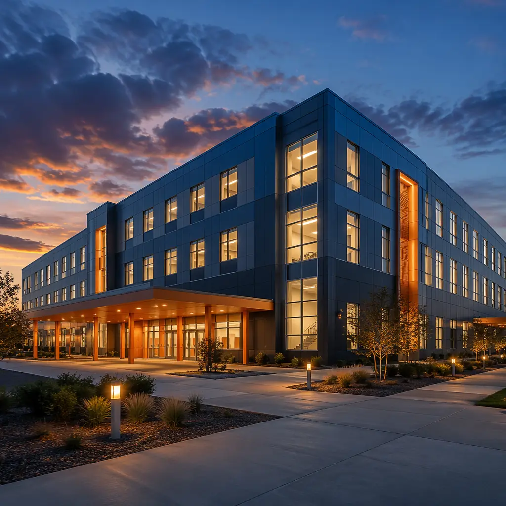 Completed modern modular hospital facility exterior at dusk, steel frame prefabricated construction with clean geometric facade and visible module grid pattern, fully operational healthcare facility with warm interior lighting, professional architectural photography, dark navy and warm steel orange brand accent details on hospital entrance, landscaped medical campus setting